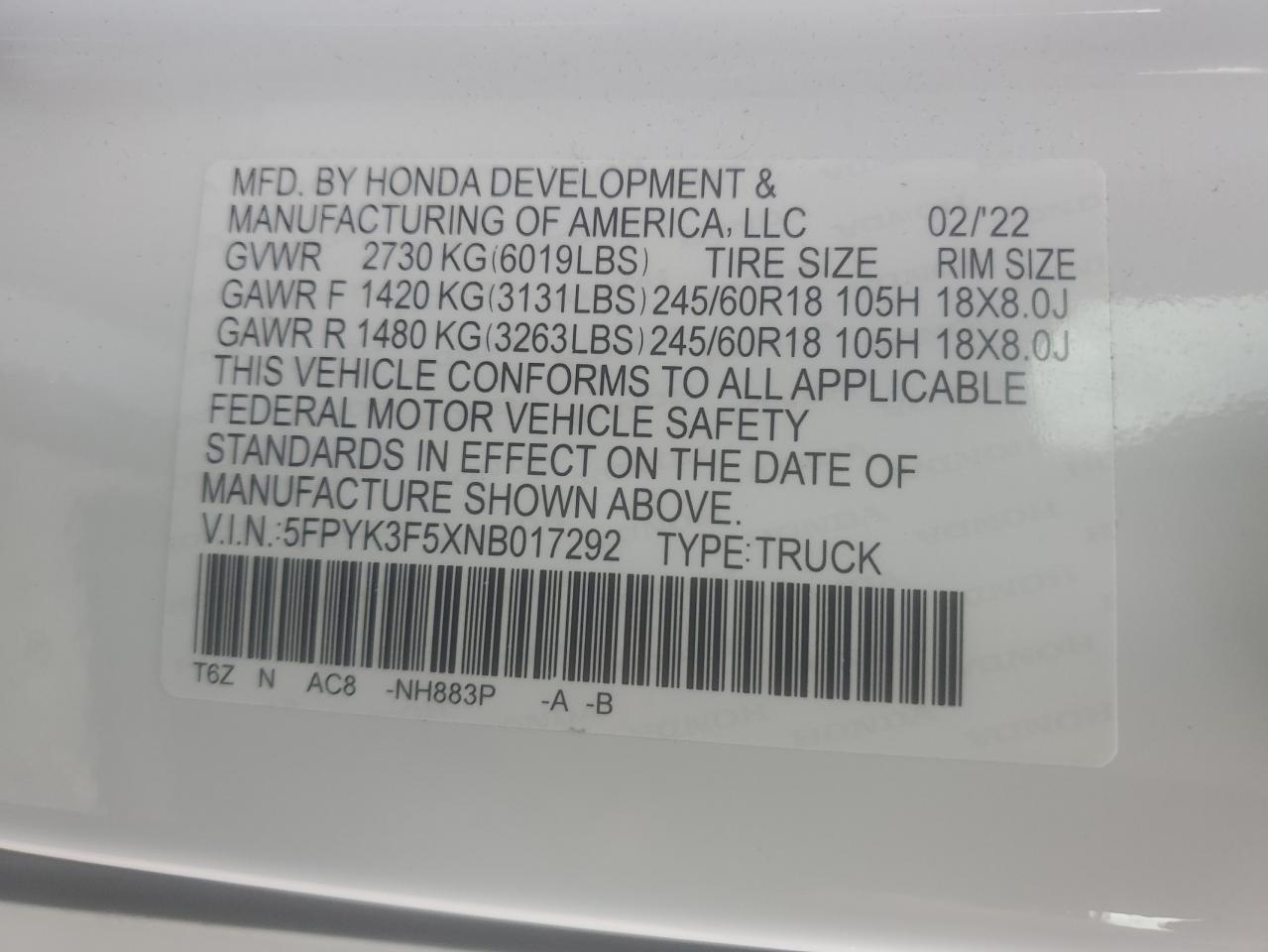 5FPYK3F5XNB017292 2022 Honda Ridgeline Rtl