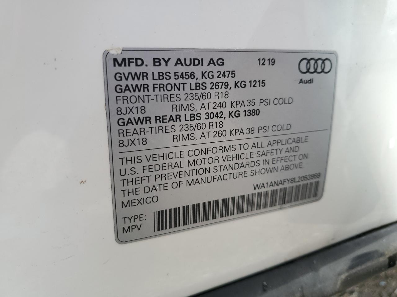 WA1ANAFY8L2053959 2020 Audi Q5 Premium