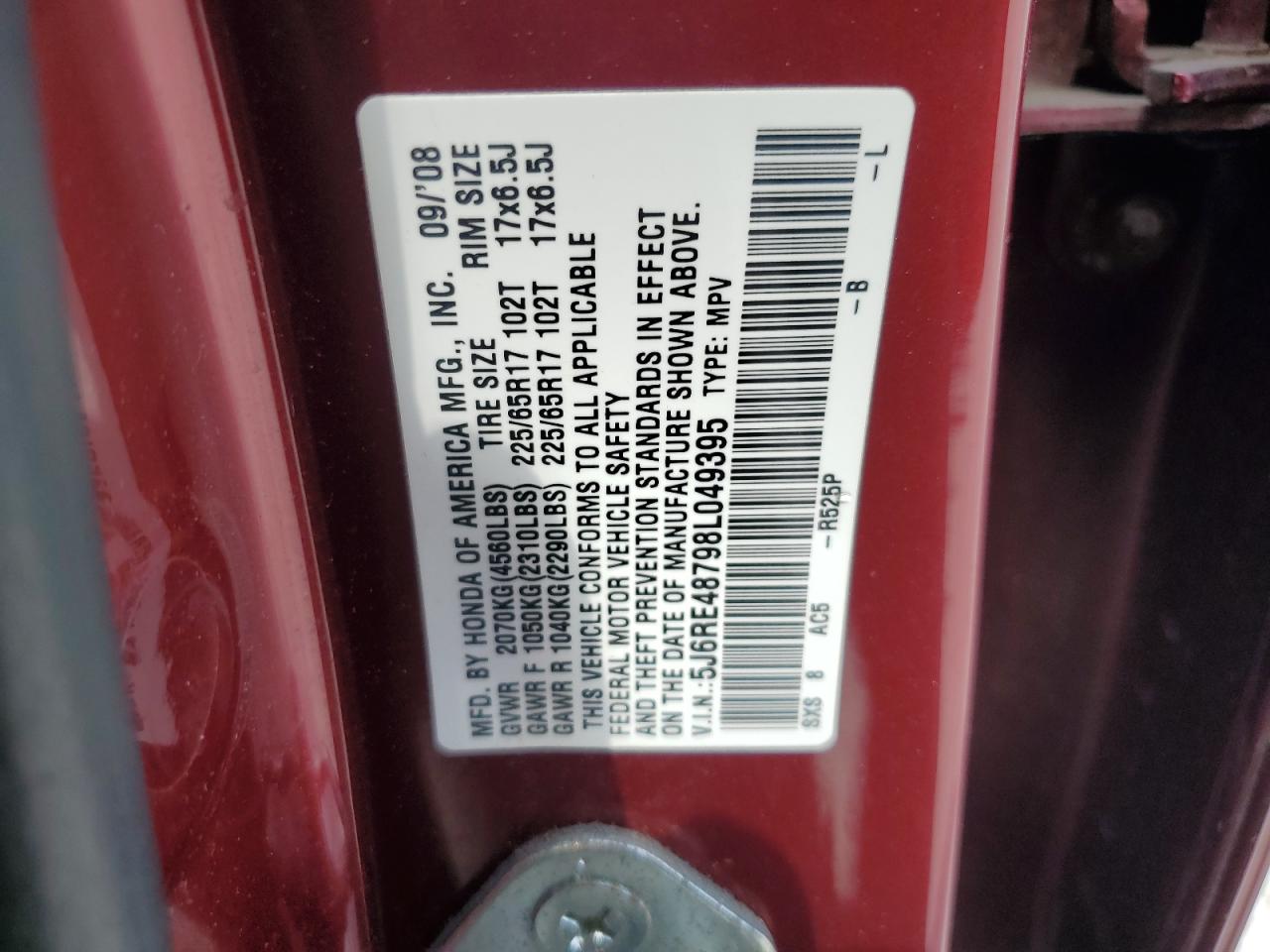 5J6RE48798L049395 2008 Honda Cr-V Exl