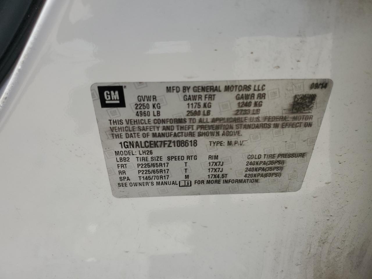 1GNALCEK7FZ108618 2015 Chevrolet Equinox Lt