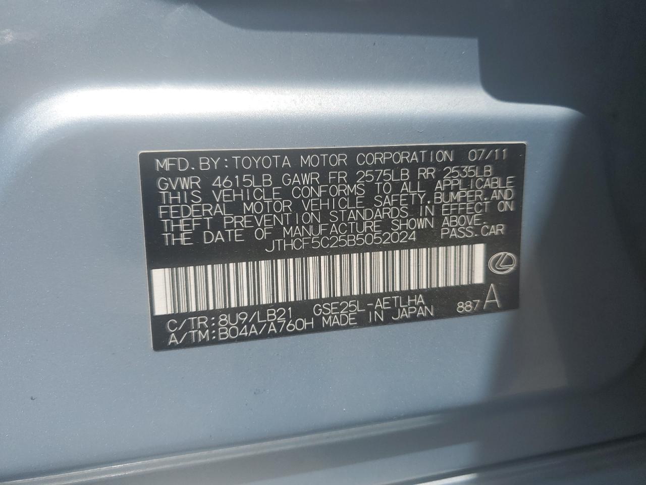 JTHCF5C25B5052024 2011 Lexus Is 250