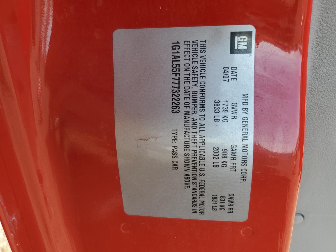 1G1AL55F777322263 2007 Chevrolet Cobalt Lt