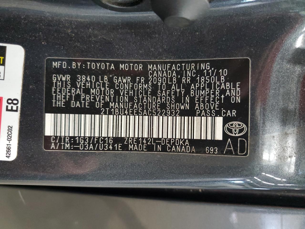 2T1BU4EE5AC522932 2010 Toyota Corolla Base