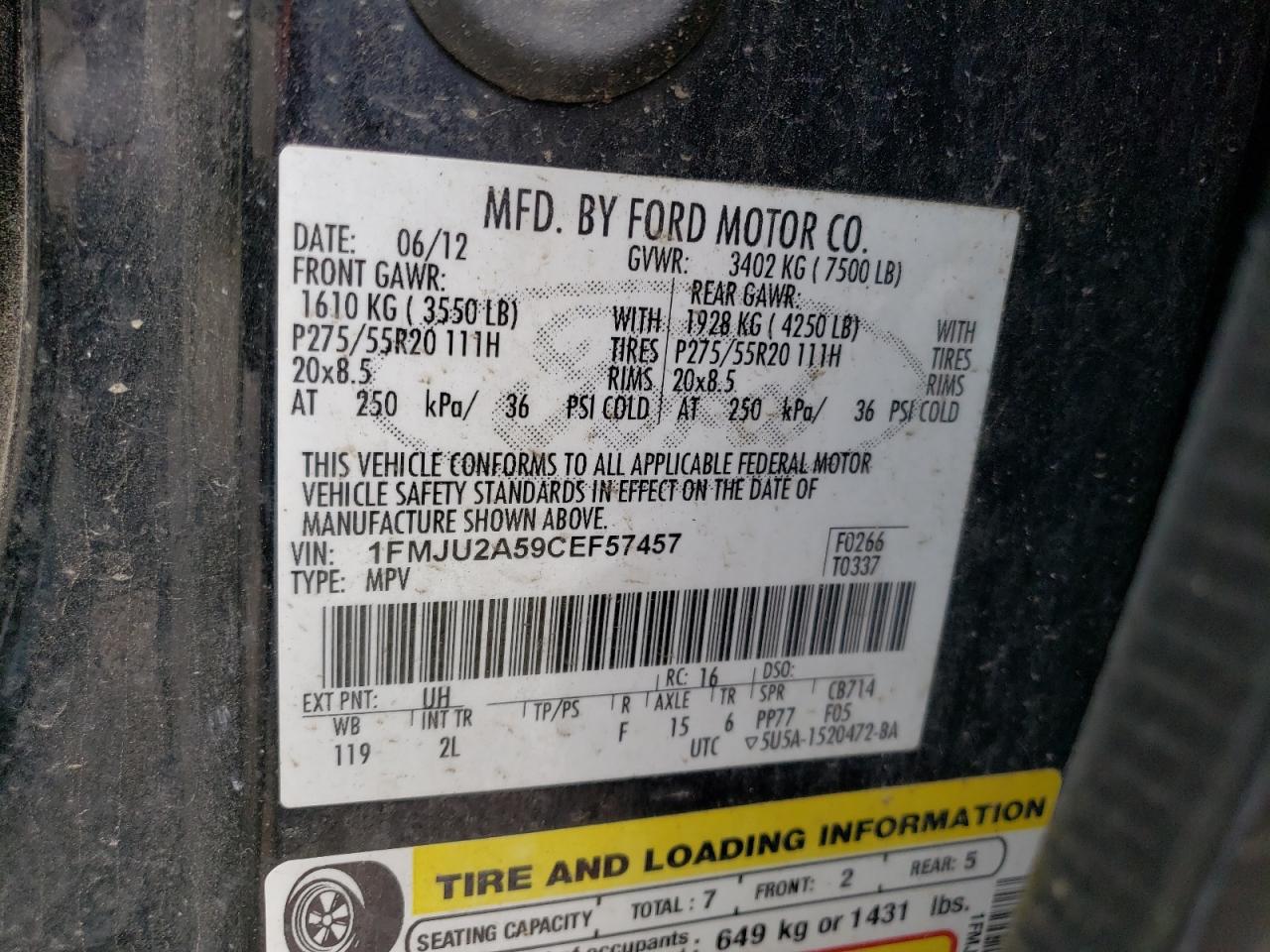 1FMJU2A59CEF57457 2012 Ford Expedition Limited