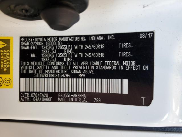 2017 Toyota Highlander Le VIN: 5TDBZRFH9HS459794 Lot: 60514244