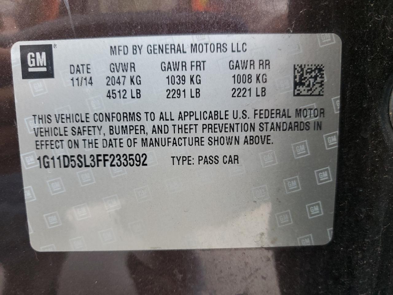 1G11D5SL3FF233592 2015 Chevrolet Malibu 2Lt