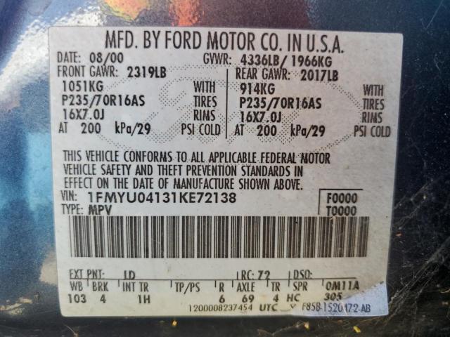 2001 Ford Escape Xlt VIN: 1FMYU04131KE72138 Lot: 60938194