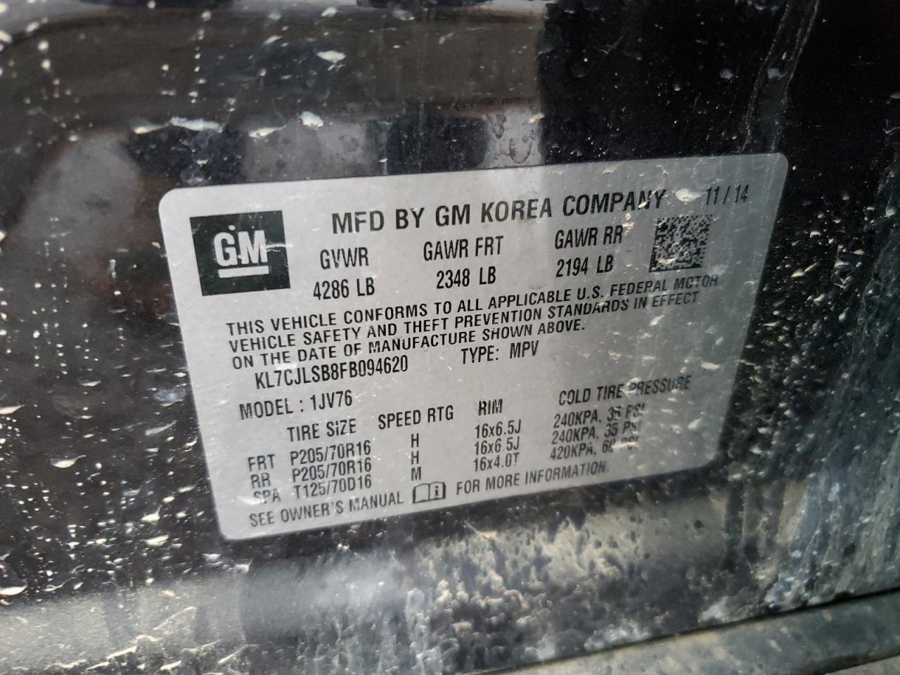 KL7CJLSB8FB094620 2015 Chevrolet Trax 1Lt