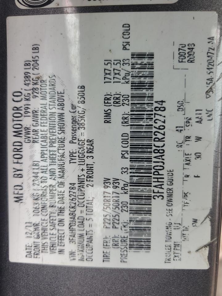 3FAHP0JA8CR262784 2012 Ford Fusion Sel