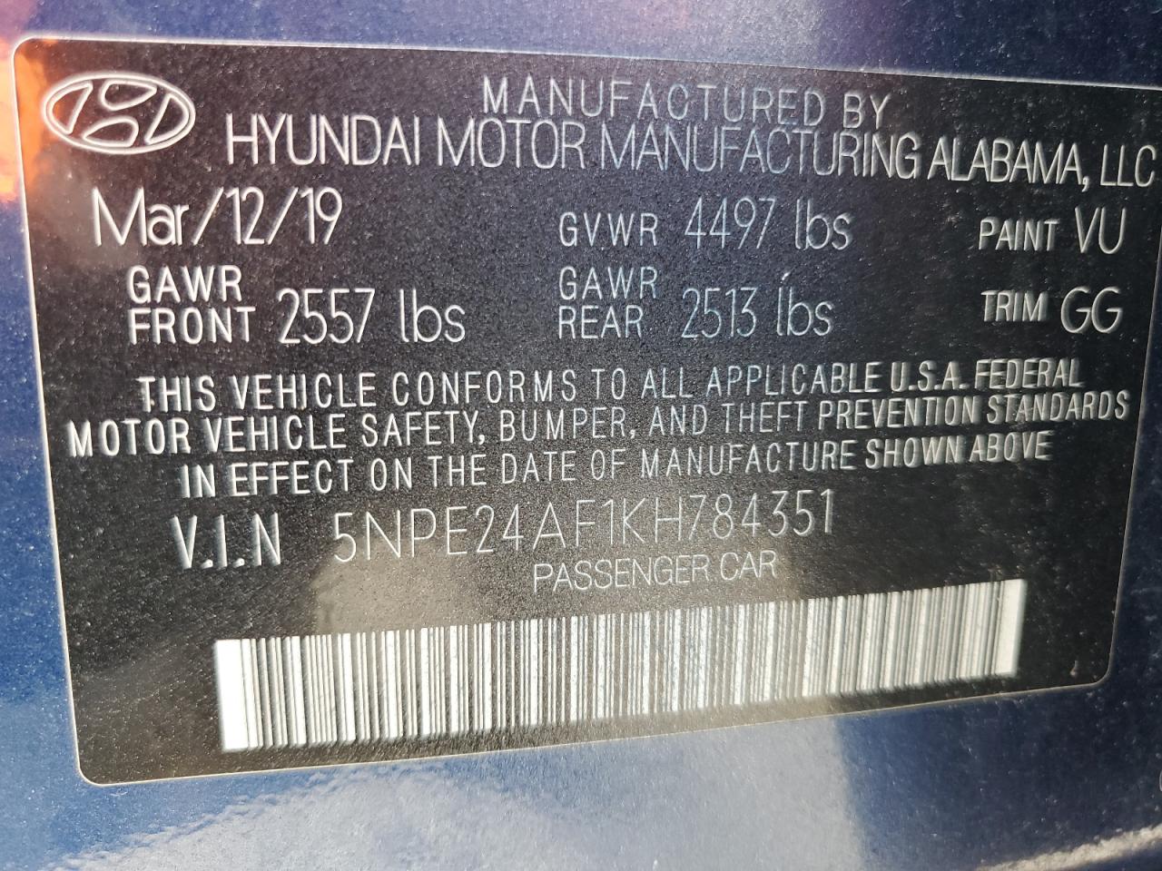 5NPE24AF1KH784351 2019 Hyundai Sonata Se