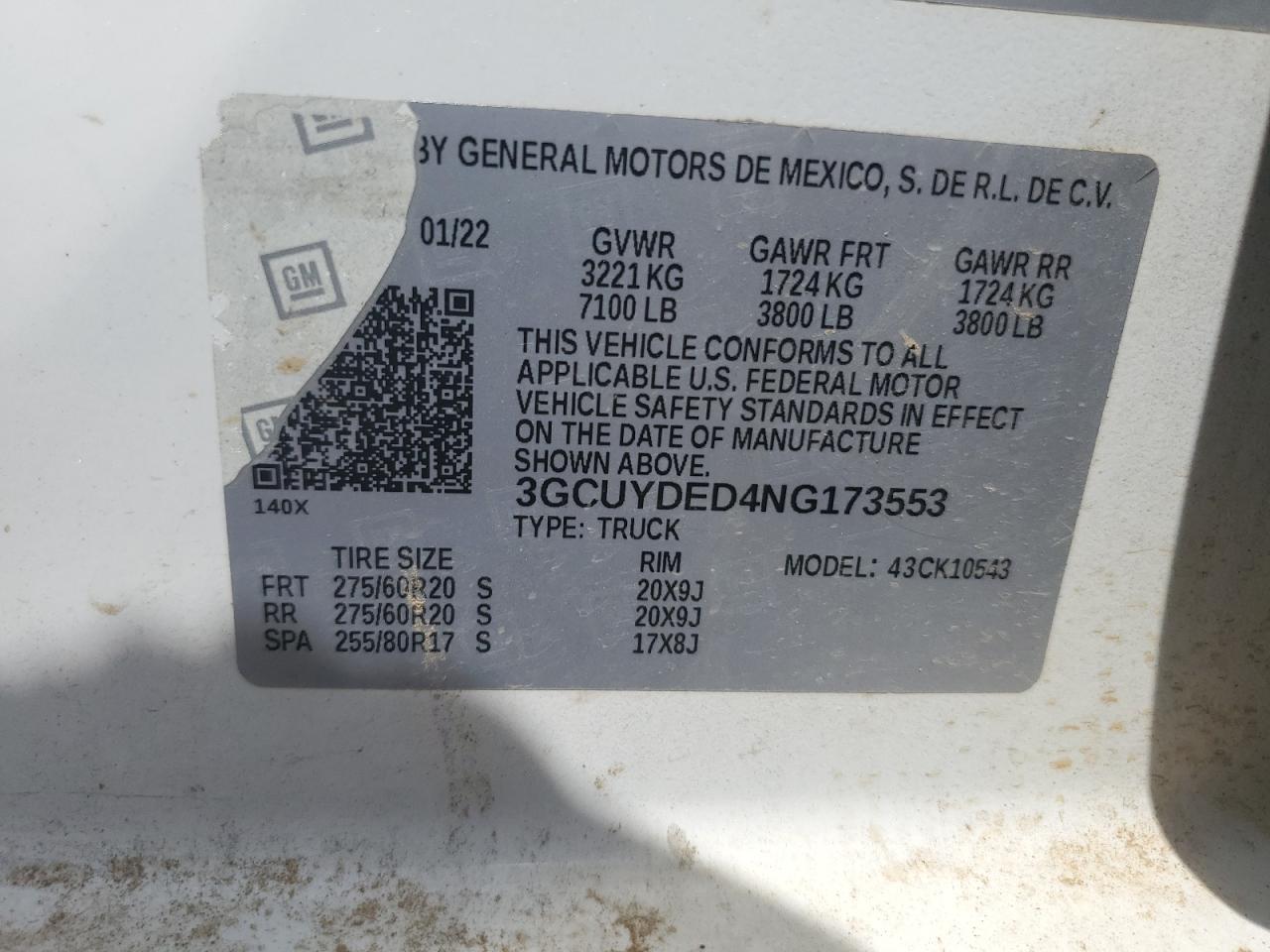 3GCUYDED4NG173553 2022 Chevrolet Silverado Ltd K1500 Lt