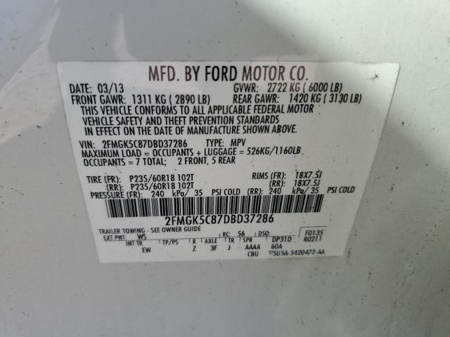 2013 Ford Flex Sel VIN: 2FMGK5C87DBD37286 Lot: 59278434