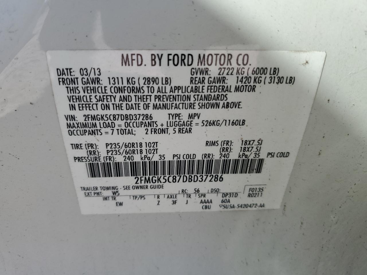 2FMGK5C87DBD37286 2013 Ford Flex Sel