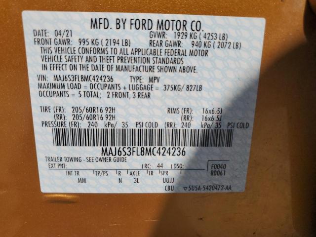 2021 Ford Ecosport S VIN: MAJ6S3FL8MC424236 Lot: 58039854