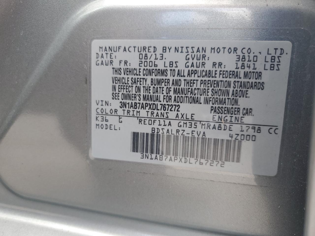 3N1AB7APXDL767272 2013 Nissan Sentra S