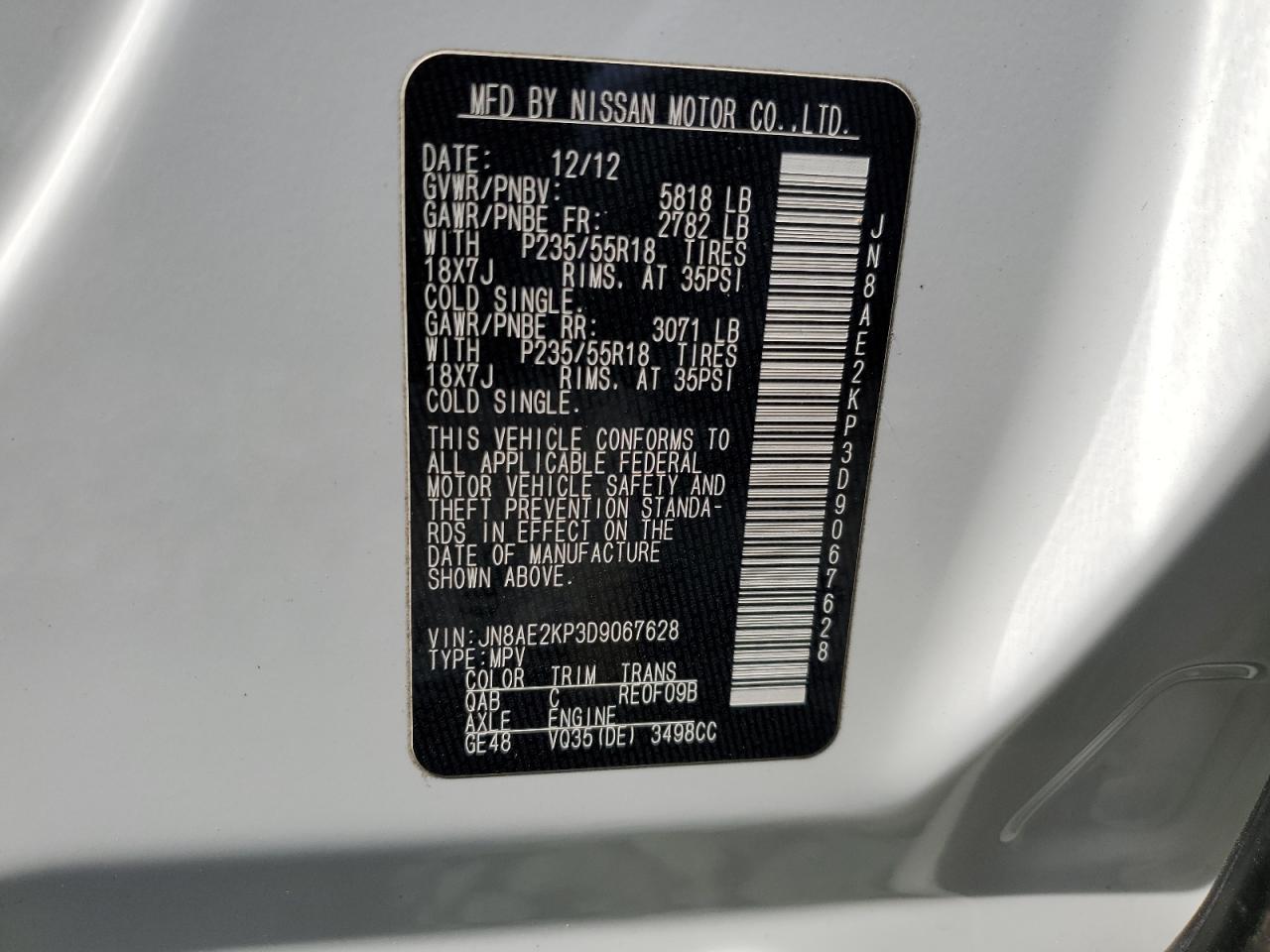 JN8AE2KP3D9067628 2013 Nissan Quest S