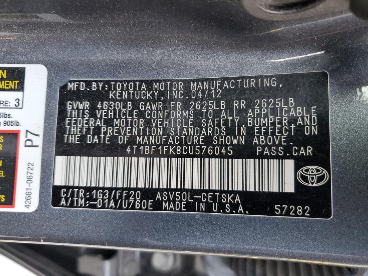 4T1BF1FK8CU576045 2012 Toyota Camry Base