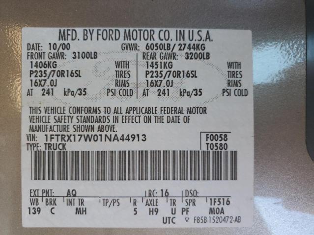 2001 Ford F150 VIN: 1FTRX17W01NA44913 Lot: 57837904