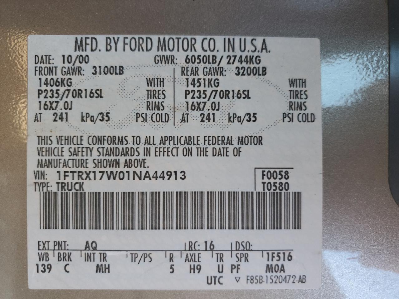 1FTRX17W01NA44913 2001 Ford F150