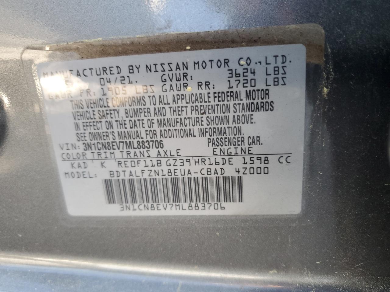 2021 Nissan Versa Sv vin: 3N1CN8EV7ML883706