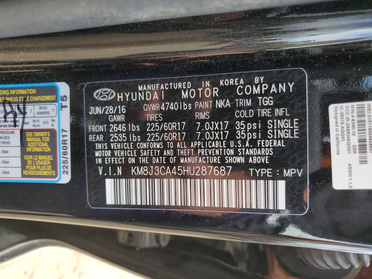 KM8J3CA45HU287687 2017 Hyundai Tucson Limited