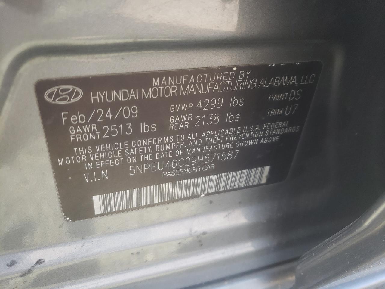 5NPEU46C29H571587 2009 Hyundai Sonata Se