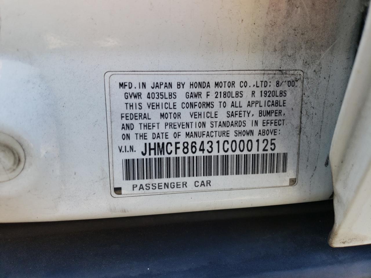 JHMCF86431C000125 2001 Honda Accord Dx