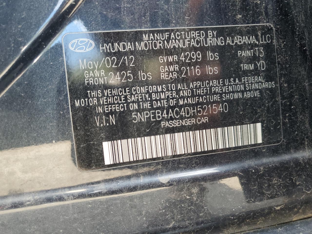 5NPEB4AC4DH521540 2013 Hyundai Sonata Gls
