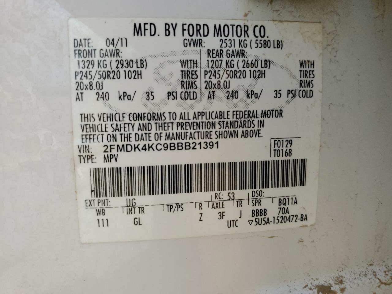 2FMDK4KC9BBB21391 2011 Ford Edge Limited
