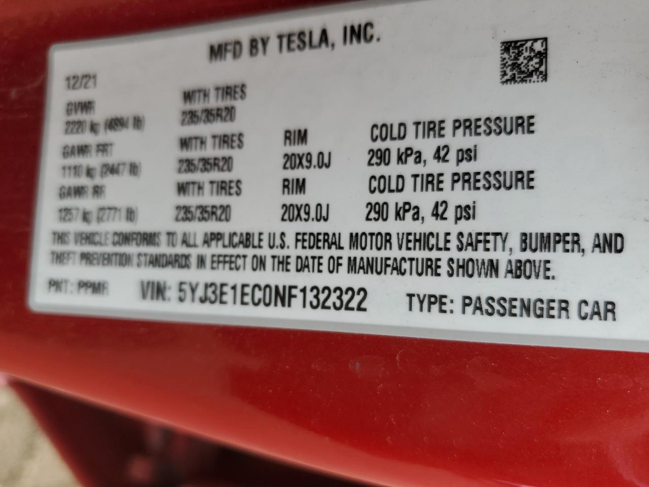 5YJ3E1EC0NF132322 2022 Tesla Model 3