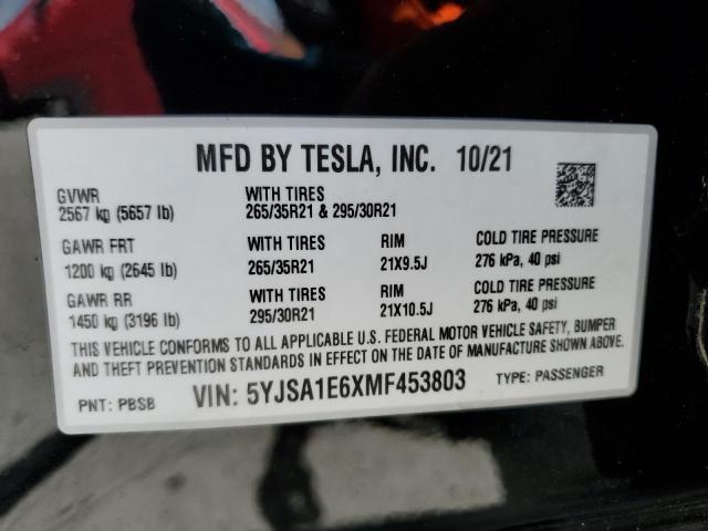 2021 Tesla Model S VIN: 5YJSA1E6XMF453803 Lot: 60501834