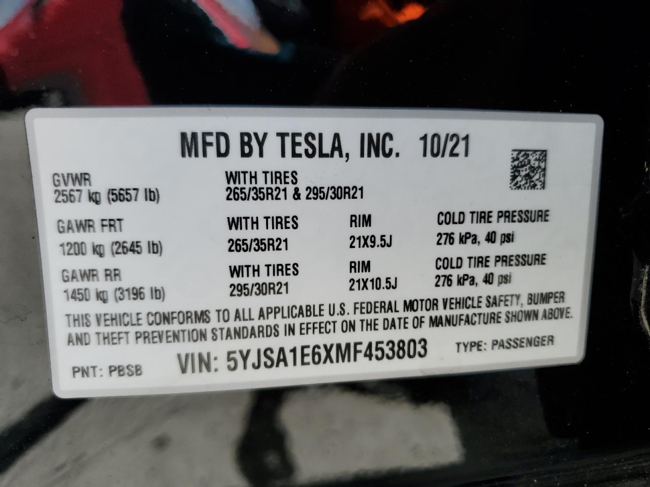 5YJSA1E6XMF453803 2021 Tesla Model S