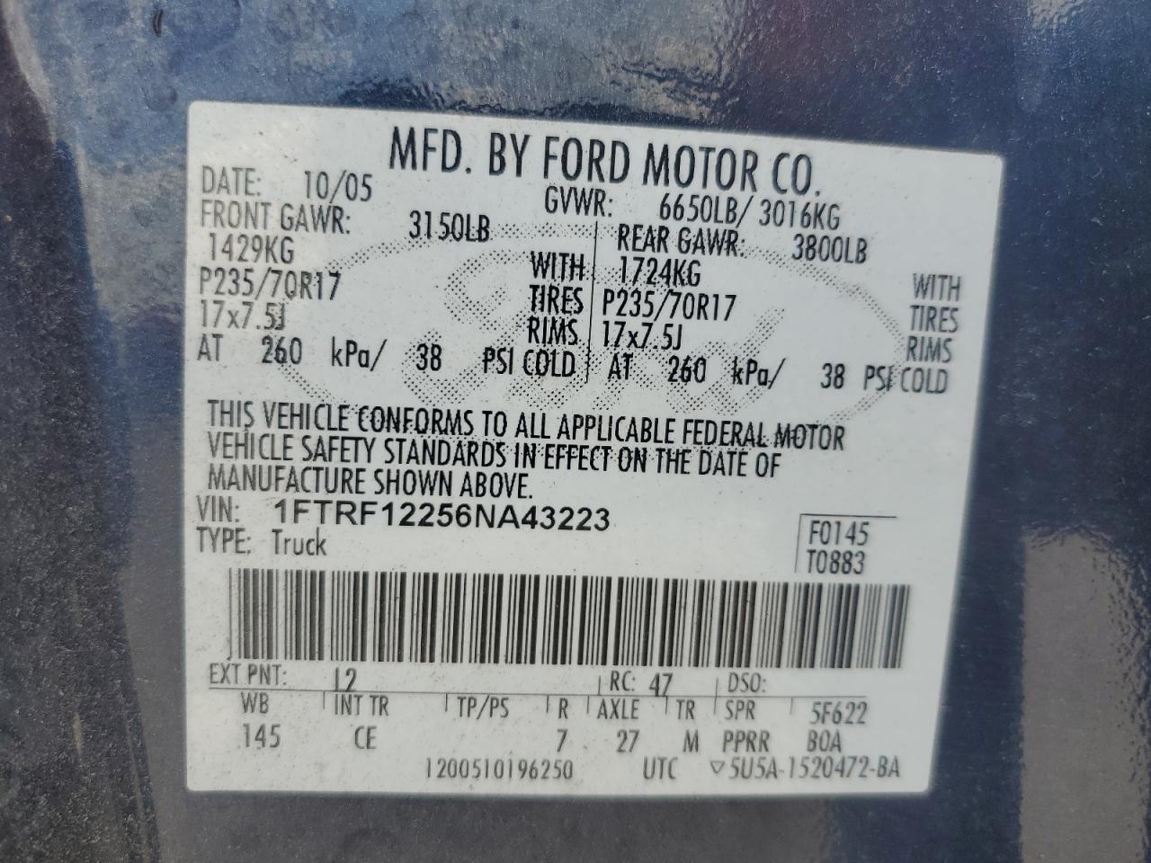 1FTRF12256NA43223 2006 Ford F150