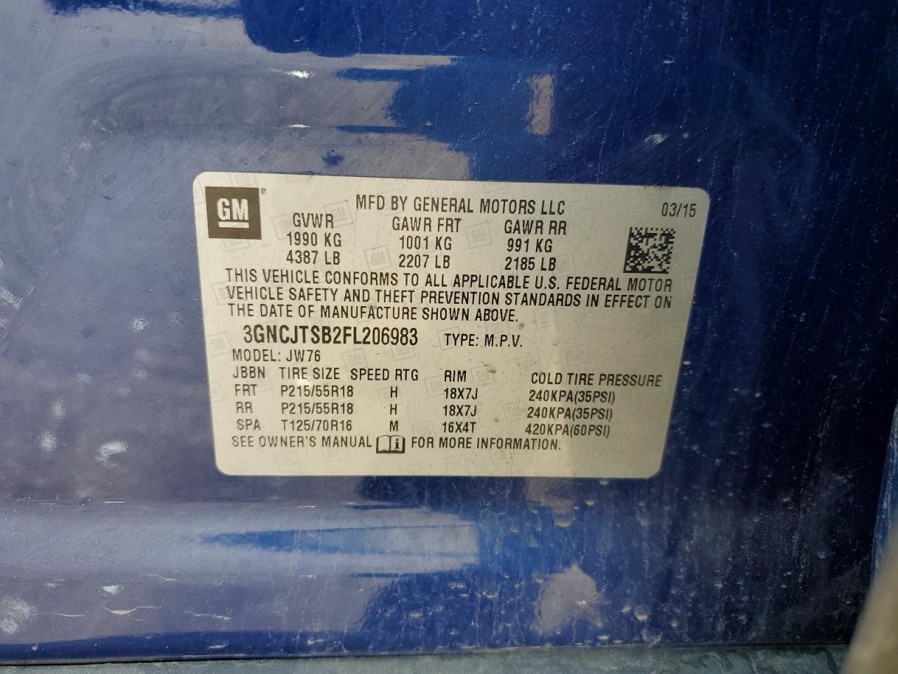 3GNCJTSB2FL206983 2015 Chevrolet Trax Ltz