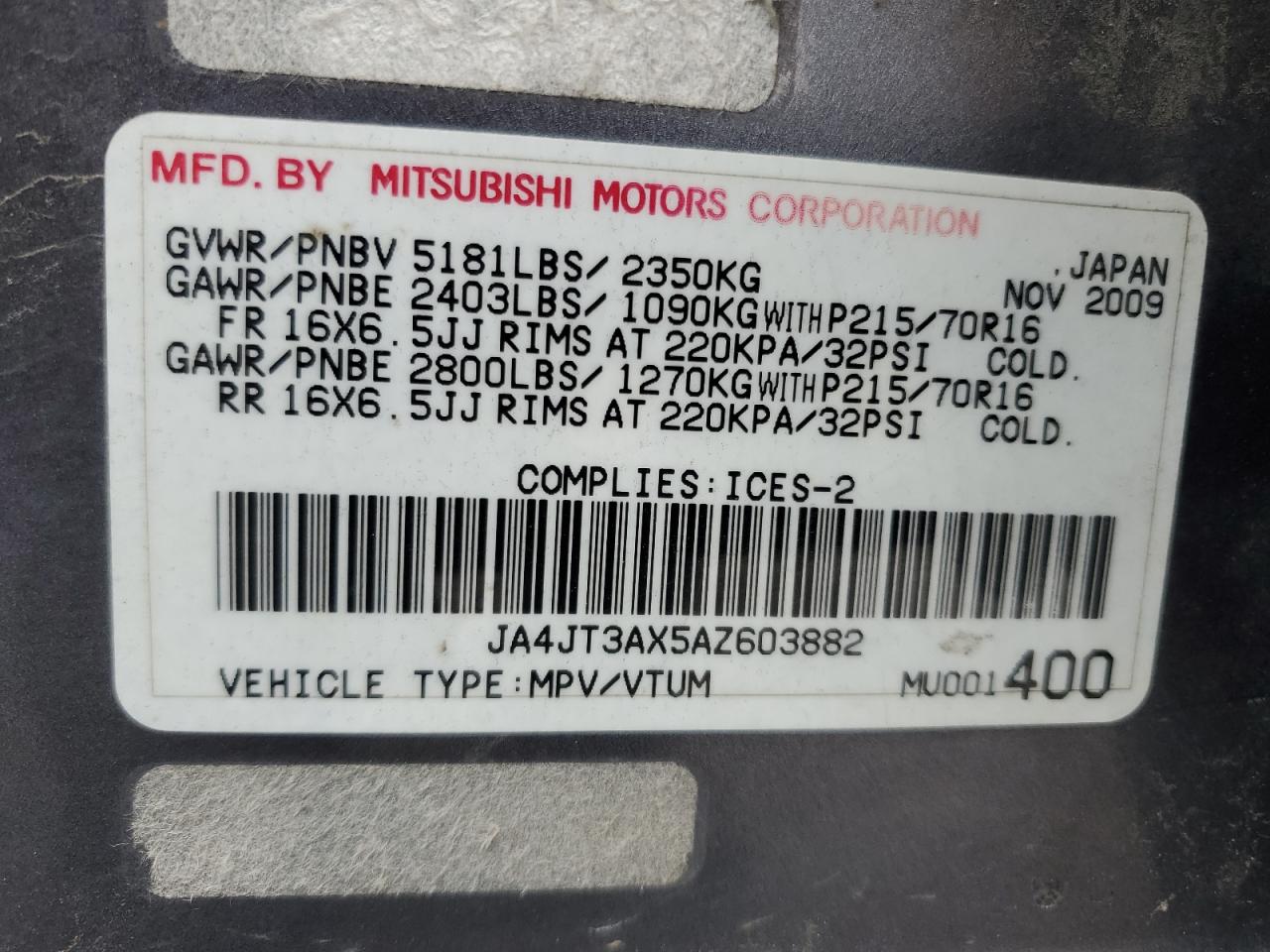 JA4JT3AX5AZ603882 2010 Mitsubishi Outlander Xls