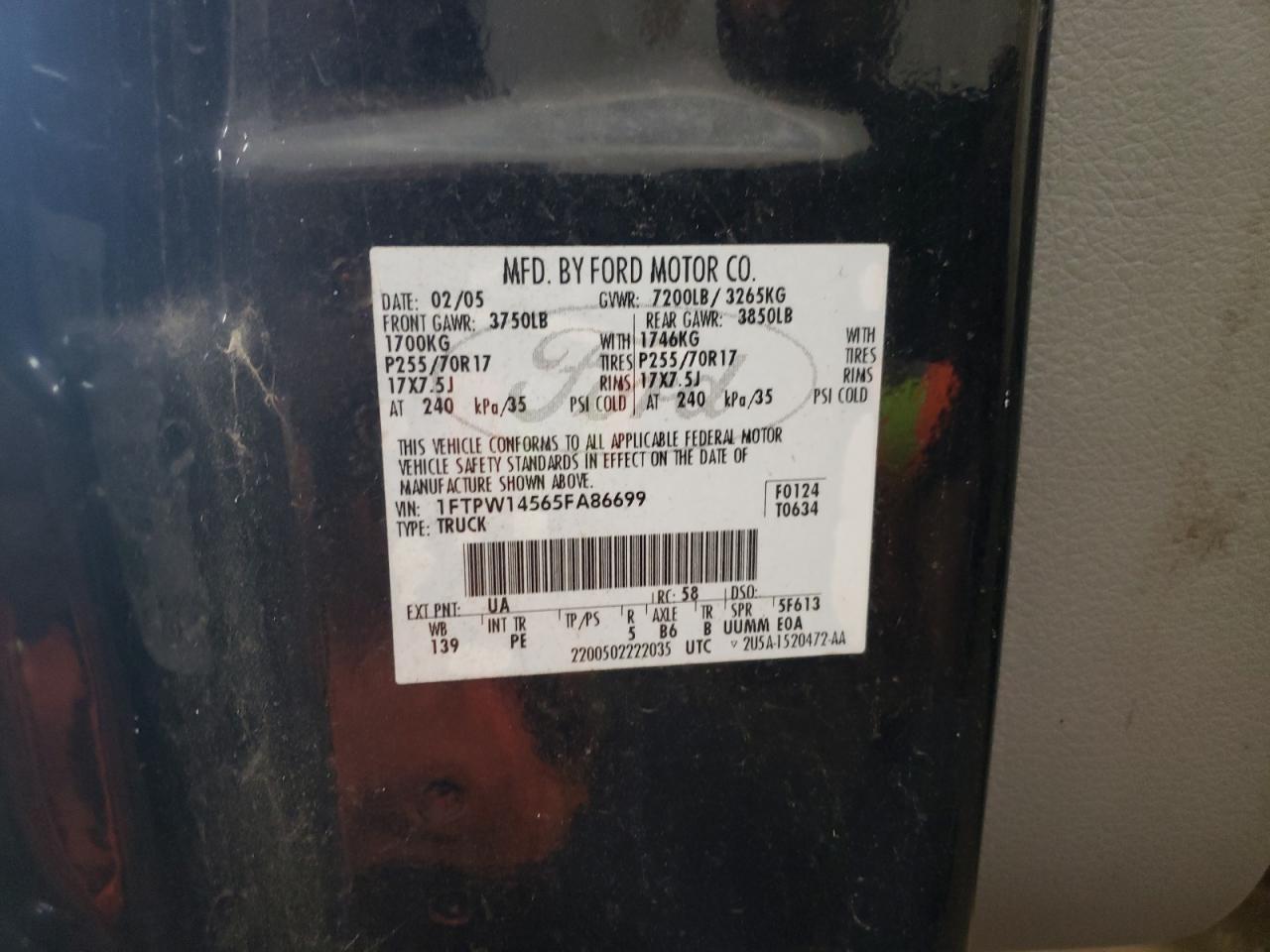 1FTPW14565FA86699 2005 Ford F150 Supercrew