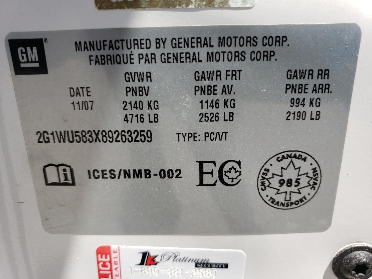 2G1WU583X89263259 2008 Chevrolet Impala Ltz