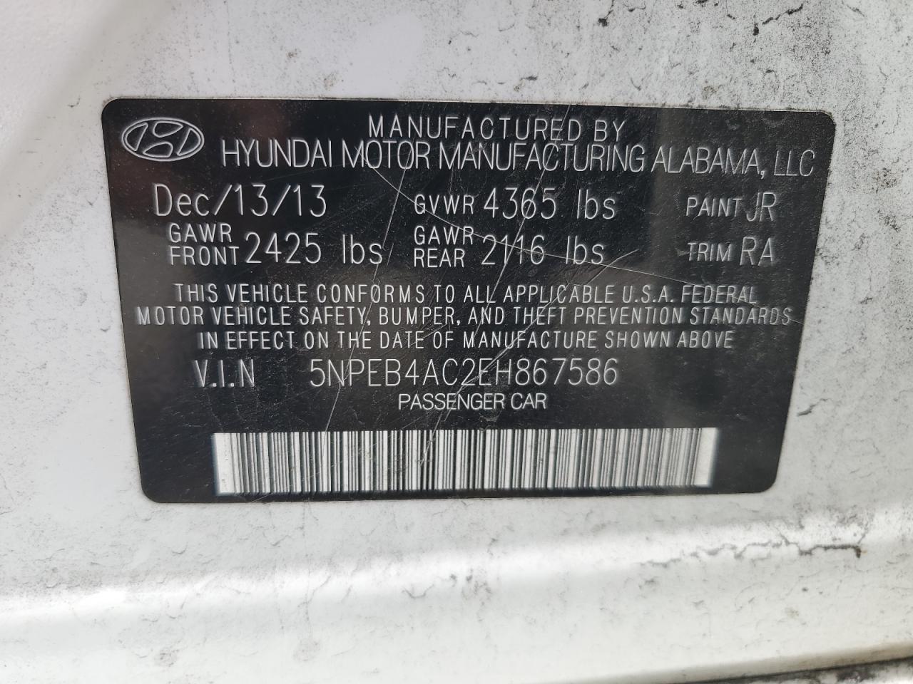 5NPEB4AC2EH867586 2014 Hyundai Sonata Gls