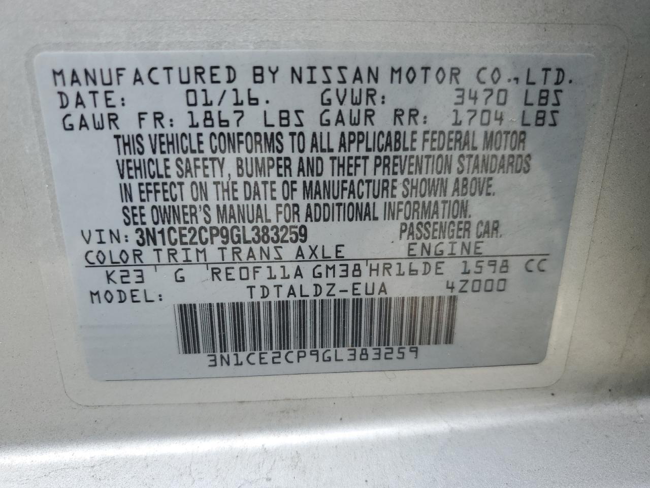 3N1CE2CP9GL383259 2016 Nissan Versa Note S