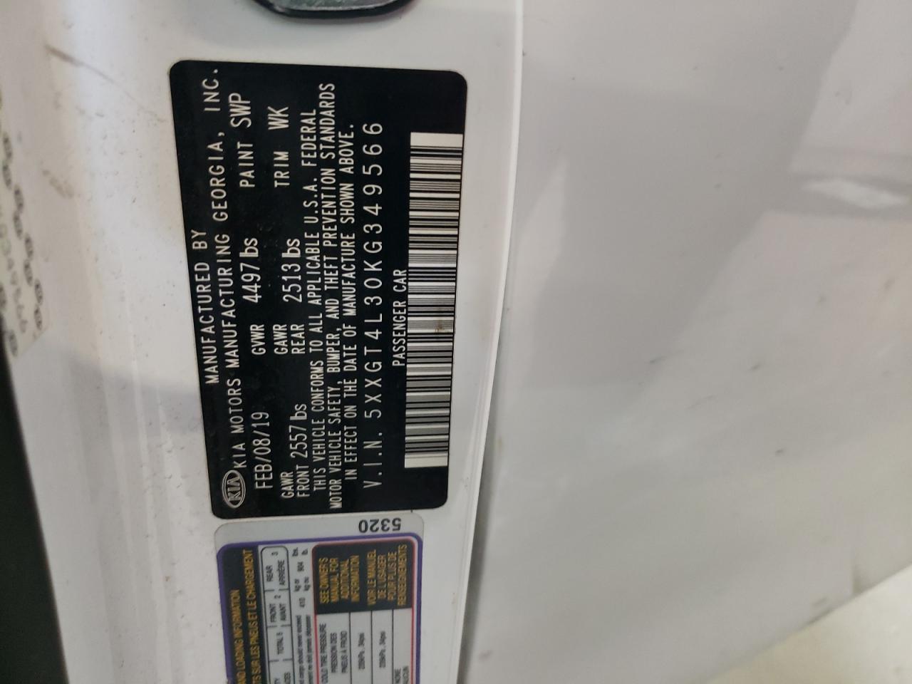 5XXGT4L30KG349566 2019 Kia Optima Lx