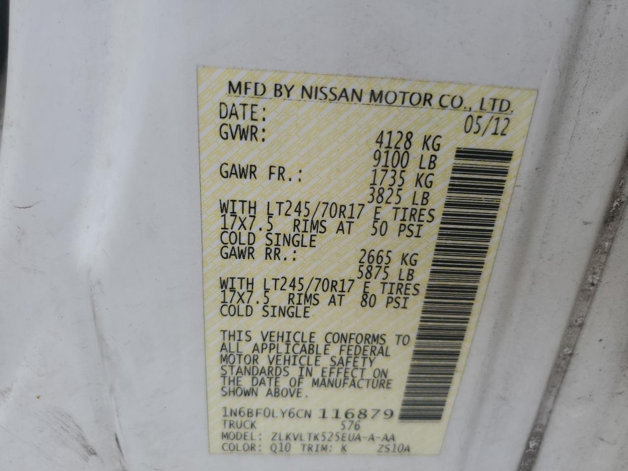 1N6BF0LY6CN116879 2012 Nissan Nv 2500