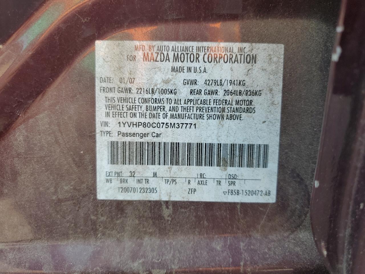 1YVHP80C075M37771 2007 Mazda 6 I