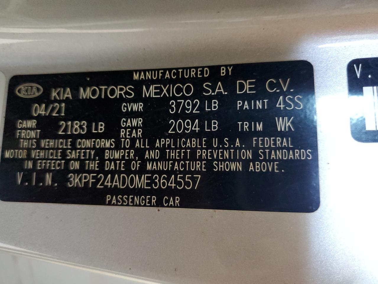 3KPF24AD0ME364557 2021 Kia Forte Fe