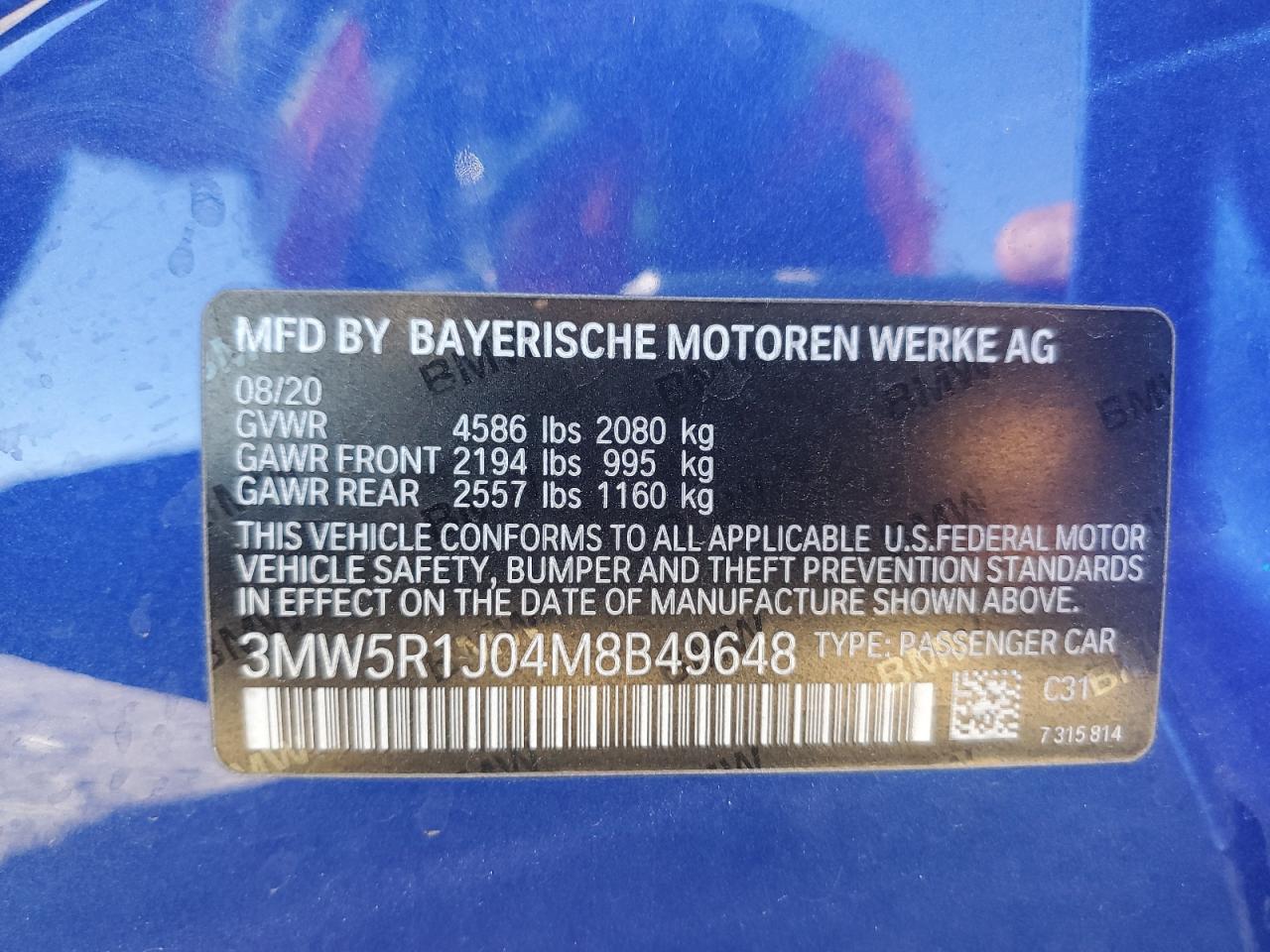 3MW5R1J04M8B49648 2021 BMW 330I