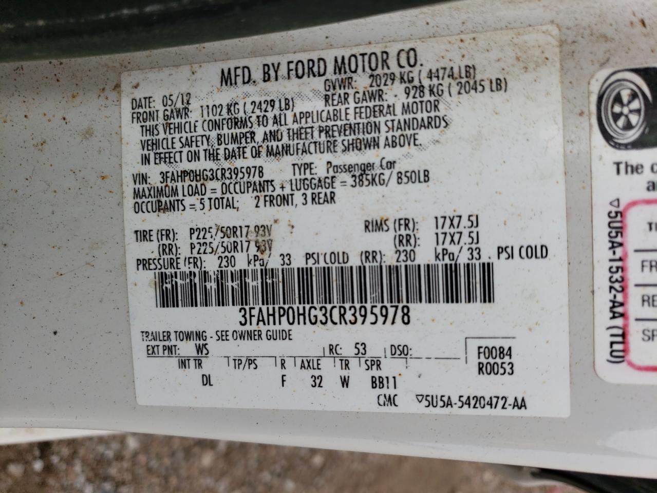 3FAHP0HG3CR395978 2012 Ford Fusion Se