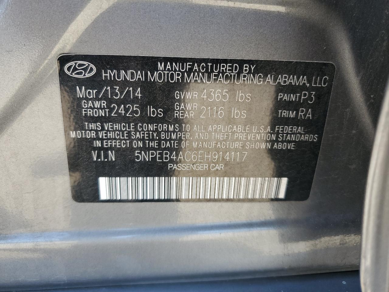 5NPEB4AC6EH914117 2014 Hyundai Sonata Gls