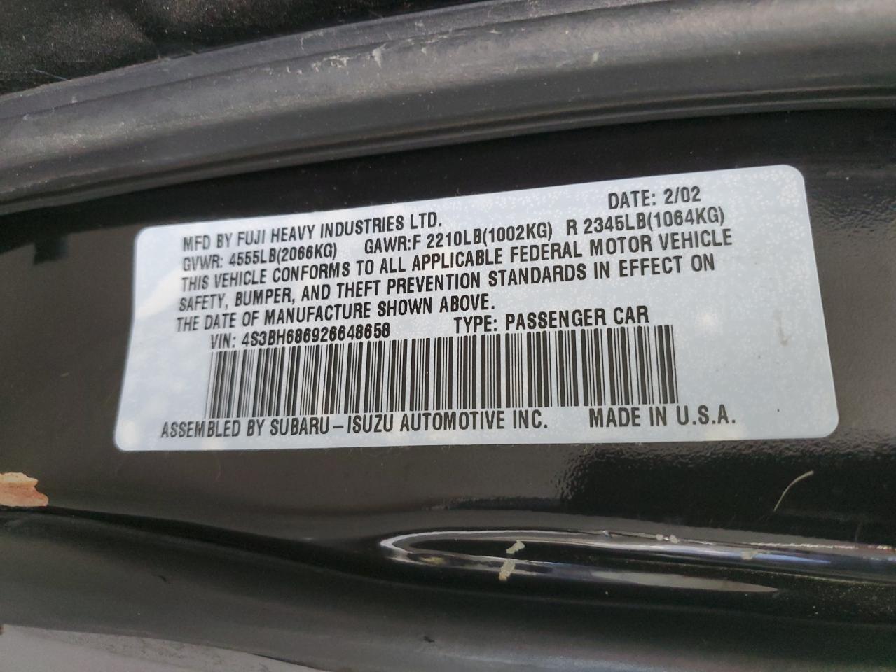 4S3BH686926648658 2002 Subaru Legacy Outback Limited