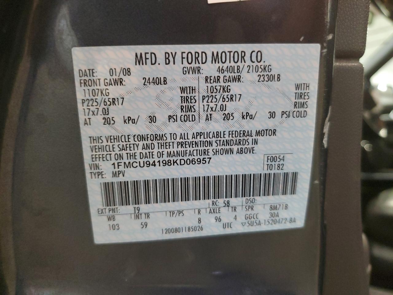 1FMCU94198KD06957 2008 Ford Escape Limited