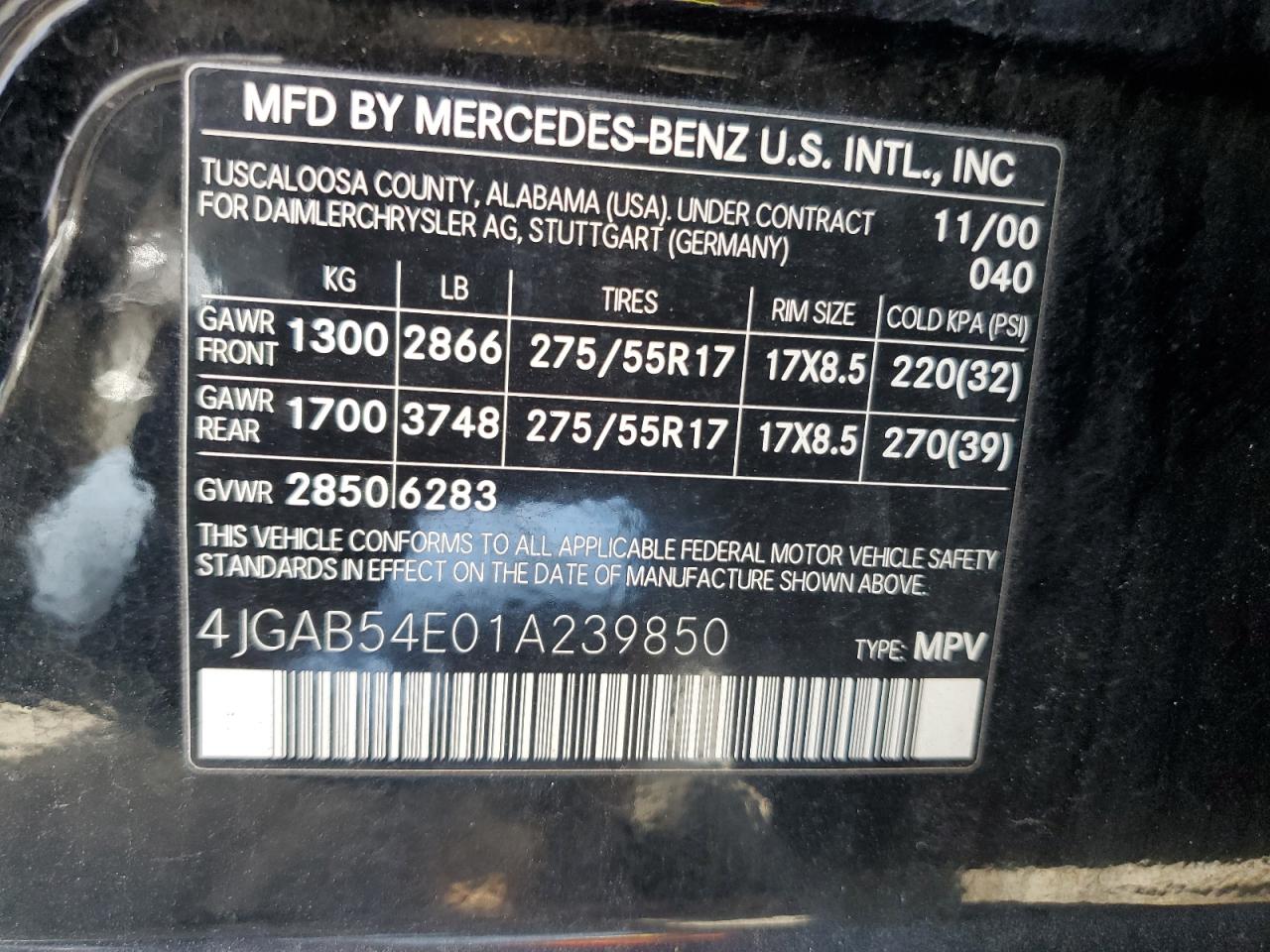 4JGAB54E01A239850 2001 Mercedes-Benz Ml 320