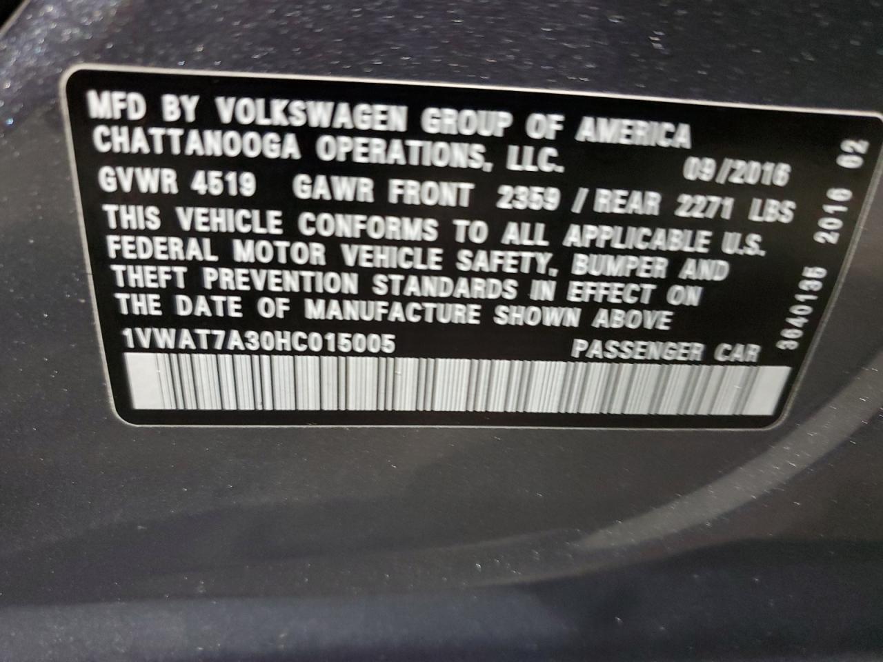 1VWAT7A30HC015005 2017 Volkswagen Passat S